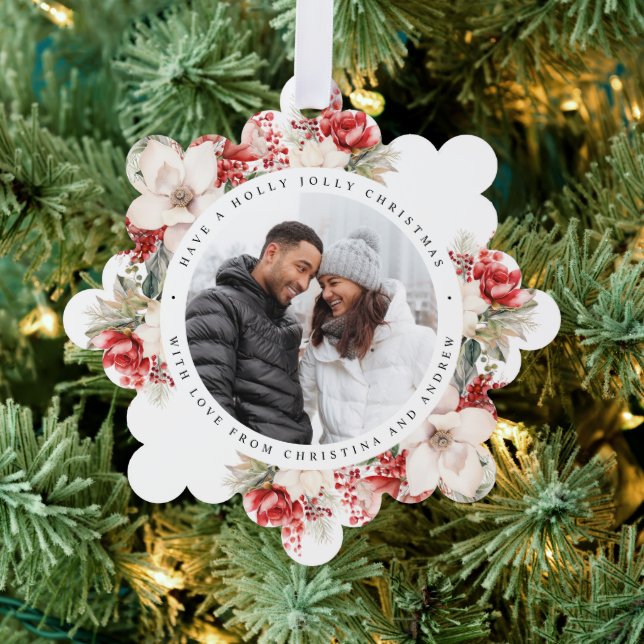 Christmas Red & White Flowers Photo Square Tree Decoration Card (Insitu (Tree))