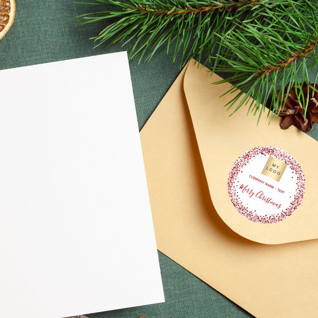 Christmas red white glitter business logo classic round sticker (Creator Uploaded)