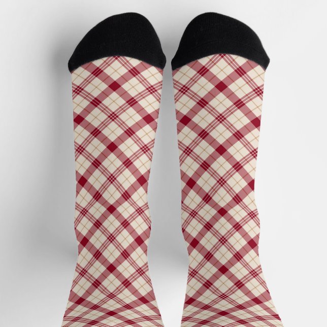 Christmas red white gold diagonal plaid pattern socks (Top)