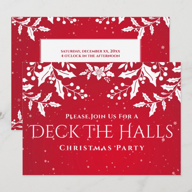 Christmas Red, White Holly, Deck-The-Halls Party Invitation (Front/Back)