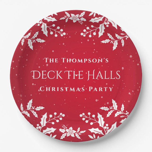 Christmas Red. White Holly, Deck-The-Halls Party Paper Plate (Front)