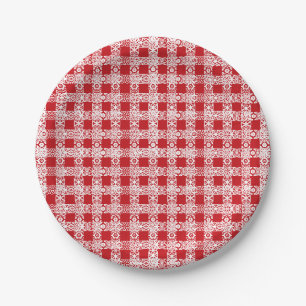 Christmas red white lace plaid vintage farmhouse paper plate