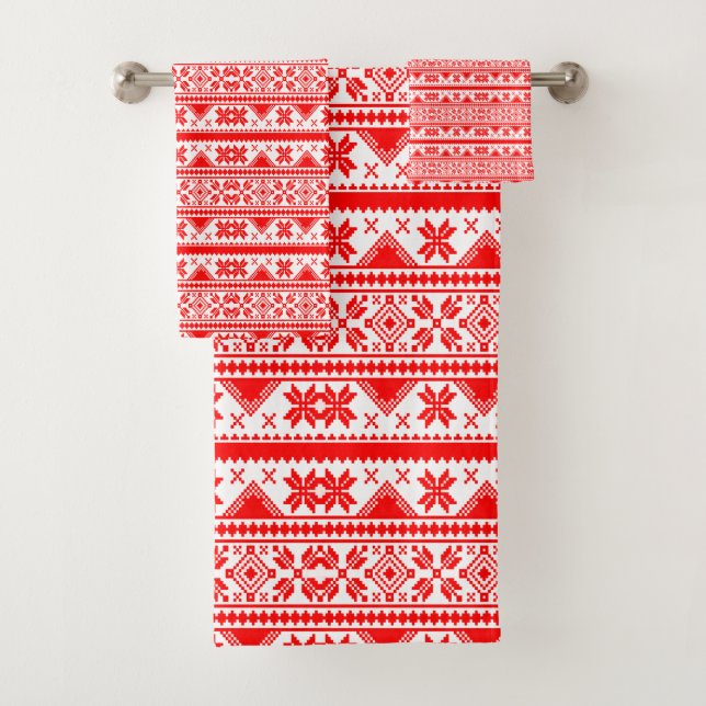 Christmas Red & White Norwegian Sweater Pattern Bath Towel Set (Insitu)