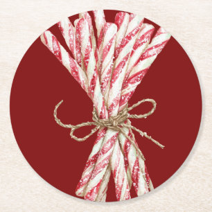 Christmas Red White Peppermint Round Paper Coaster