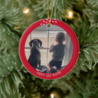 Christmas Red White Personalised Child Pet Photo Ceramic Tree Decoration
