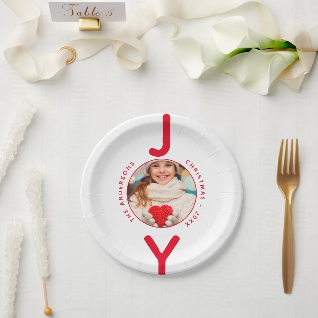 Christmas red white photo joy minimalist modern paper plate (Wedding)