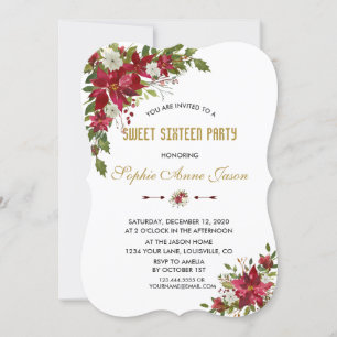 Christmas Red White Poinsettia Sweet Sixteen Party Invitation