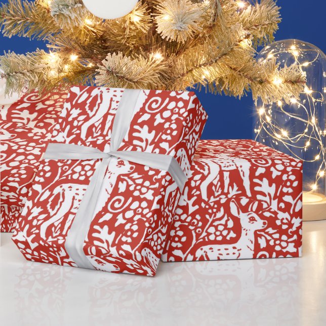 Christmas Red White Reindeer Fawn Woodland Winter Wrapping Paper (Holidays)