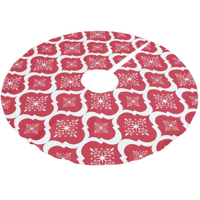 Christmas Red White Snowflakes Lattice Pattern Brushed Polyester Tree Skirt (Angled)