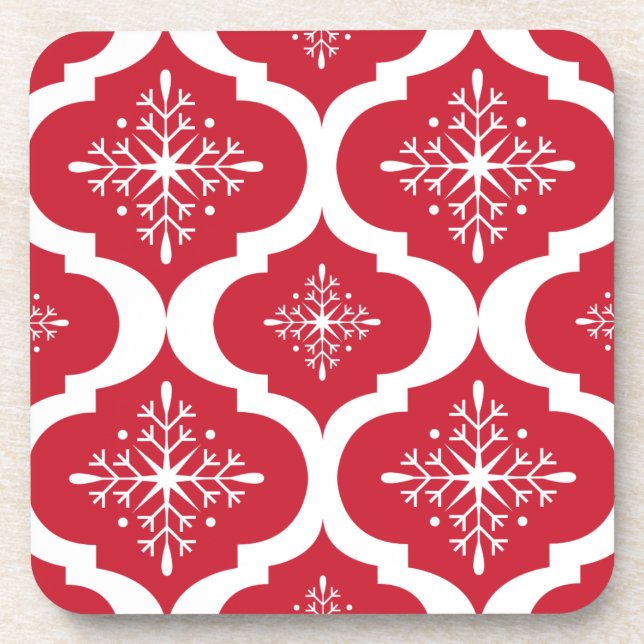 Christmas Red White Snowflakes Lattice Pattern Coaster (Front)