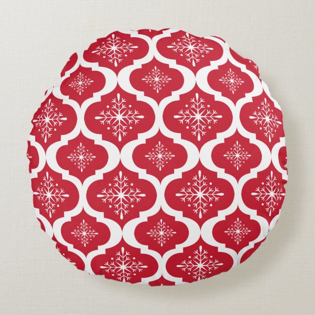 Christmas Red White Snowflakes Lattice Pattern Round Cushion (Front)
