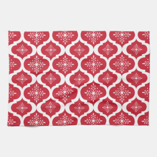Christmas Red White Snowflakes Lattice Pattern Tea Towel