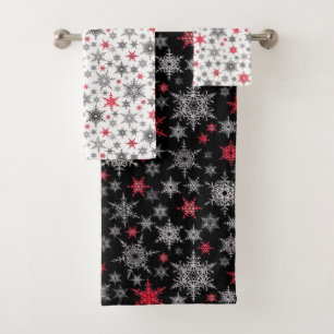 Christmas, red, white, snowflakes, winter bath towel set