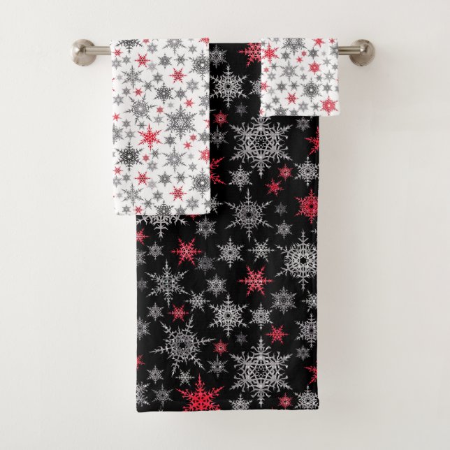 Christmas, red, white, snowflakes, winter bath towel set (Insitu)
