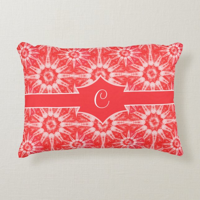 Christmas Red White Starburst Pattern Monogram Decorative Cushion (Front)