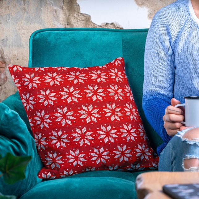 Christmas Red White Winter Holiday Knit Snowflakes Cushion (Creator Uploaded)