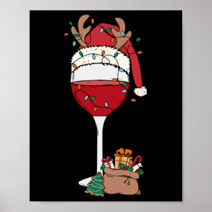 Christmas Red Wine Glass Santa Hat Reindeer Fun Xm Poster