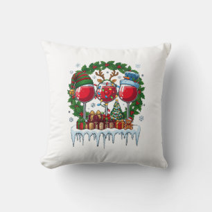 Christmas Red Wine Glasses Holly Wreath Snowman Ha Cushion