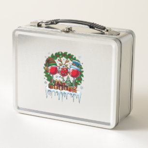 Christmas Red Wine Glasses Holly Wreath Snowman Ha Metal Lunch Box