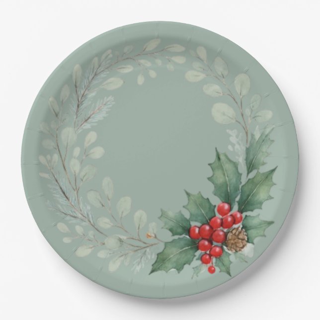 Christmas red winter berries and greenery paper plate (Front)