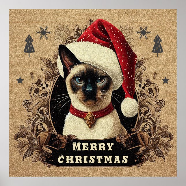 Christmas regal Siamese Cat, Xmas Santa Kitten Poster (Front)