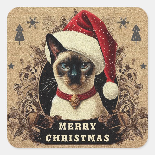 Christmas regal Siamese Cat, Xmas Santa Kitten Square Sticker (Front)