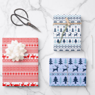 CHRISTMAS REIN DEER LAPLAND PATTERN Red Blue WPS3 Wrapping Paper Sheet