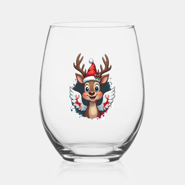 christmas Reindeer (1) Stemless Wine Glass (Front)
