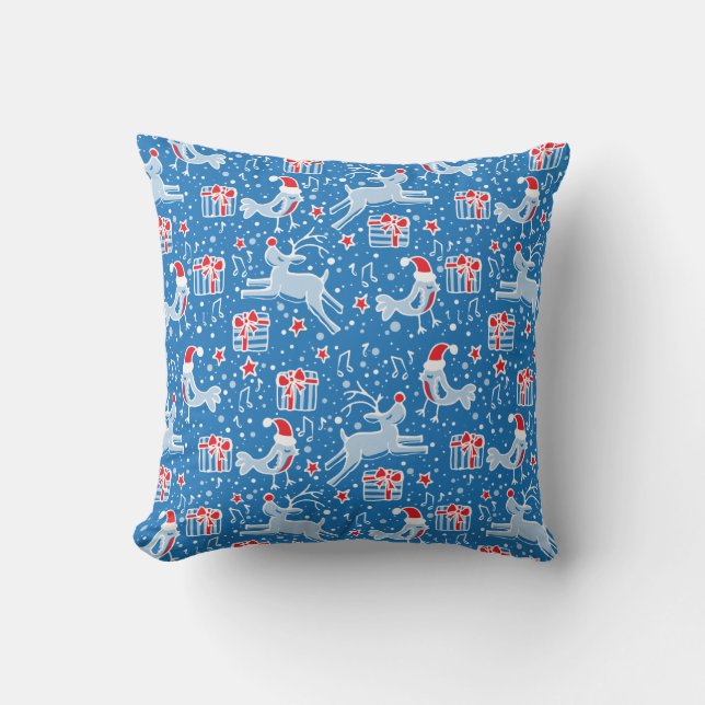 Christmas reindeer and bird blue throw pillow (Front)