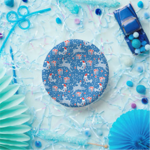 Christmas reindeer and bird patterned blue paper plate