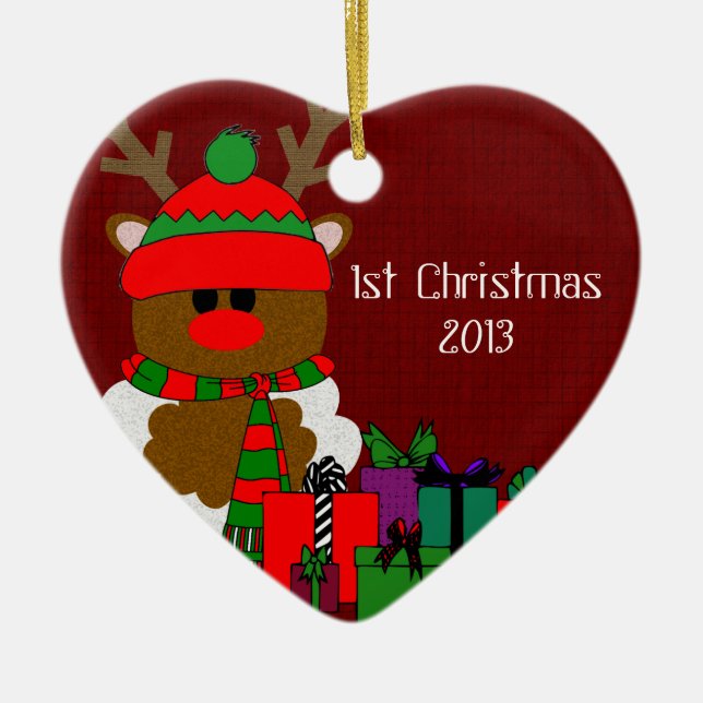 Christmas Reindeer and Presents Ceramic Tree Decoration (Front)