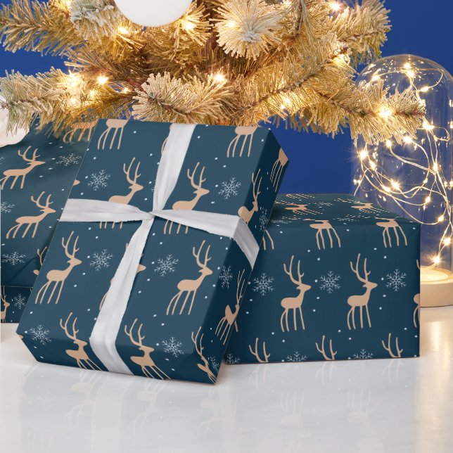 Christmas reindeer and snowflake blue wrapping paper (Holidays)