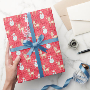 Christmas Reindeer and Snowmen Pattern - Red Wrapping Paper