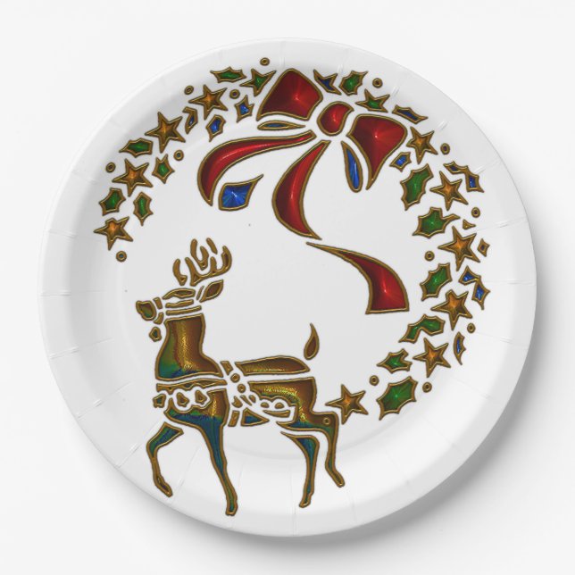 Christmas Reindeer and Stars Paper Plate (Front)
