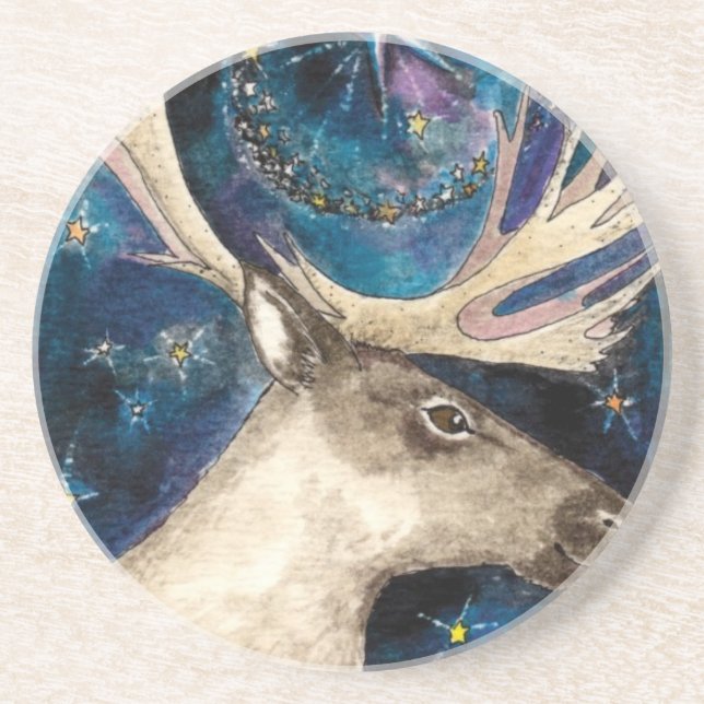 Christmas Reindeer at Night with a Shining Star Coaster (Front)