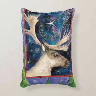 Christmas Reindeer at Night with a Shining Star Decorative Cushion