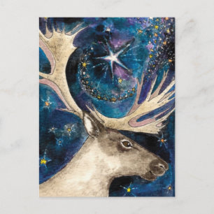 Christmas Reindeer at Night with a Shining Star Holiday Postcard