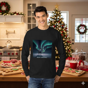 Christmas Reindeer Aurora Borealis Night Sky T-Shirt
