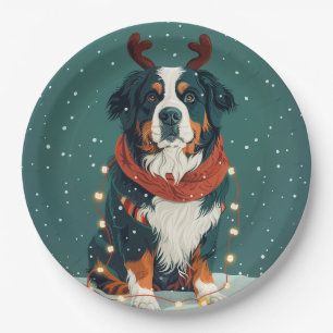 Christmas Reindeer Bernese Mountain Dog Paper Plate