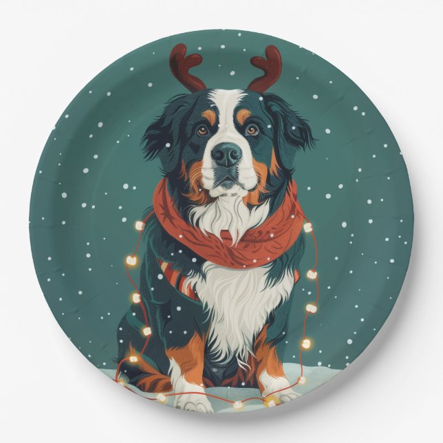 Christmas Reindeer Bernese Mountain Dog Paper Plate (Front)