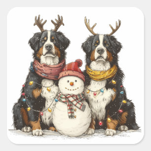 Christmas Reindeer Bernese Mountain Dogs Square Sticker