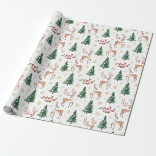 Christmas Reindeer, Berries, Snowflakes, Trees Wrapping Paper