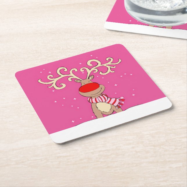 Christmas reindeer big antlers pink paper coasters (Angled)