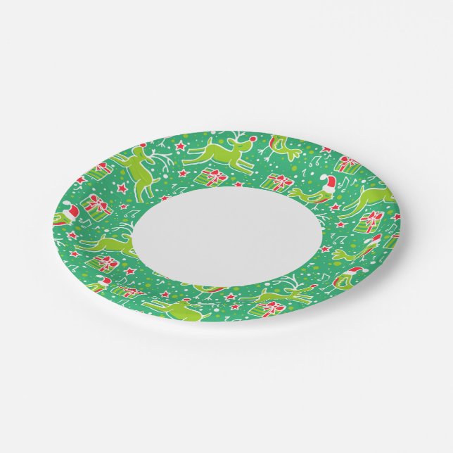 Christmas reindeer bird pattern green paper plate (Angled)