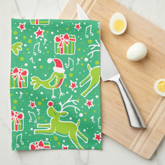 Christmas reindeer bird pattern greenkitchen towel (Quarter Fold)