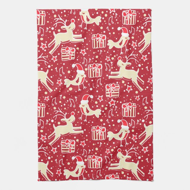 Christmas reindeer bird pattern red kitchen towel (Vertical)