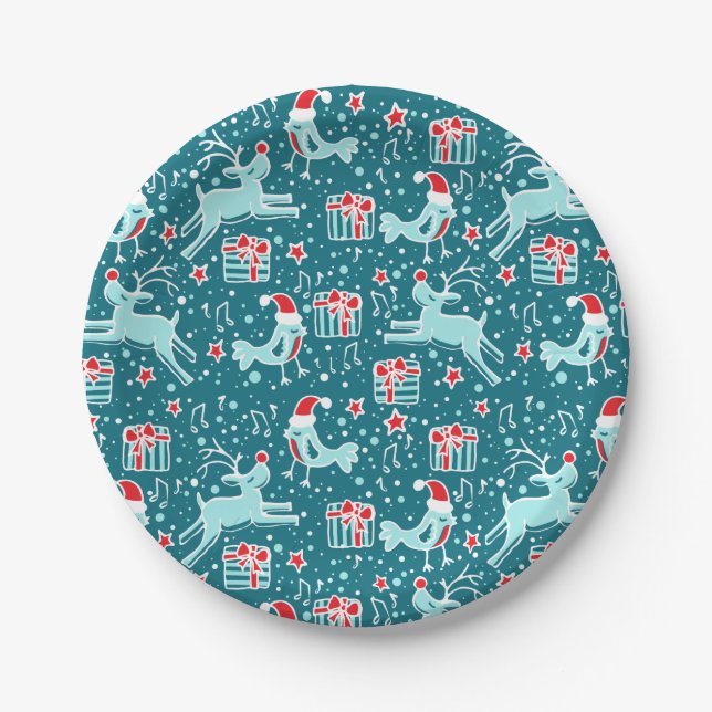 Christmas reindeer bird patterned aqua paper plate (Front)