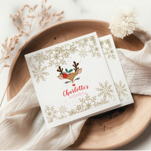 Christmas Reindeer Birthday Gold Snowflakes Napkin