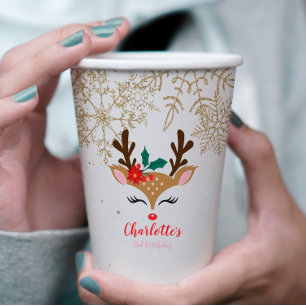 Christmas Reindeer Birthday Gold Snowflakes Paper Cups