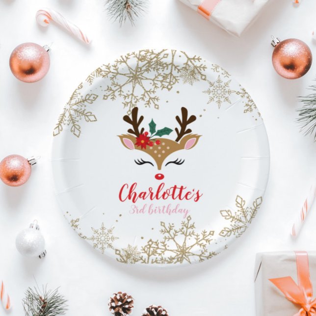 Christmas Reindeer Birthday Gold Snowflakes Paper Plate (Creator Uploaded)